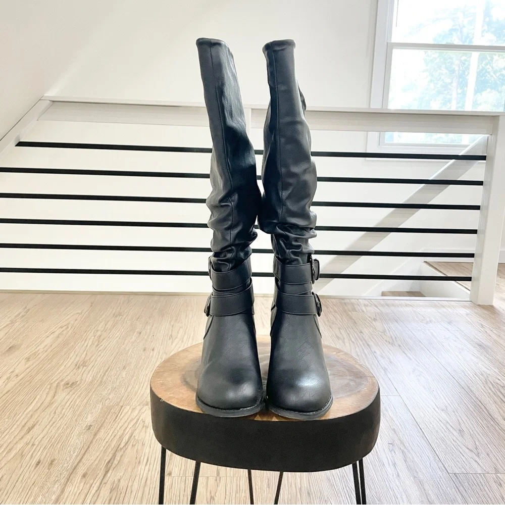 Black, vegan faux leather double buckle block heel knee-high boots